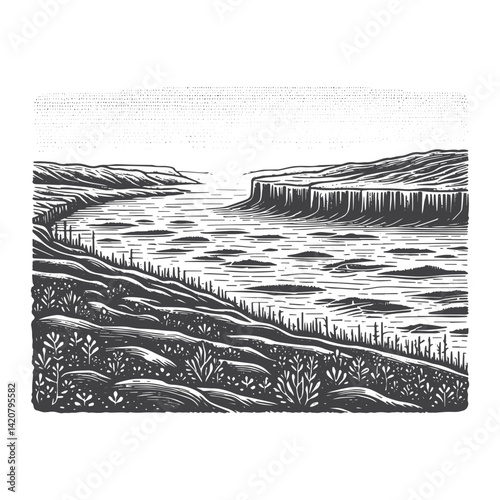 Simple Coastal Cliffs with Fog Vector Icon Design – Vintage Retro Logo & Illustration
