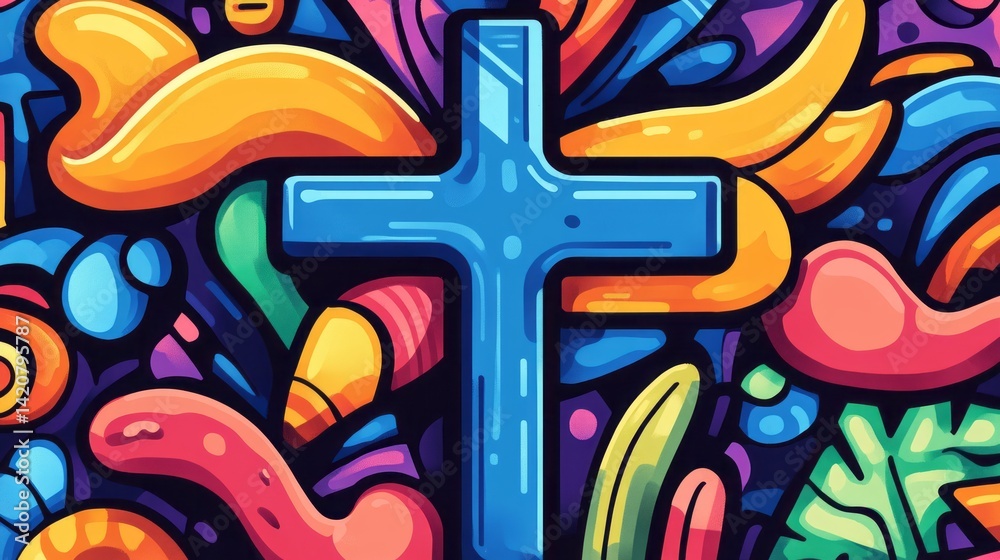 Obraz premium Vibrant abstract artwork features a blue christian cross prominently displayed