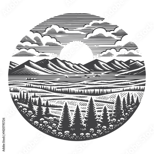 Simple Coastal Cliffs at Sunset Vector Icon Design – Vintage Retro Logo & Illustration