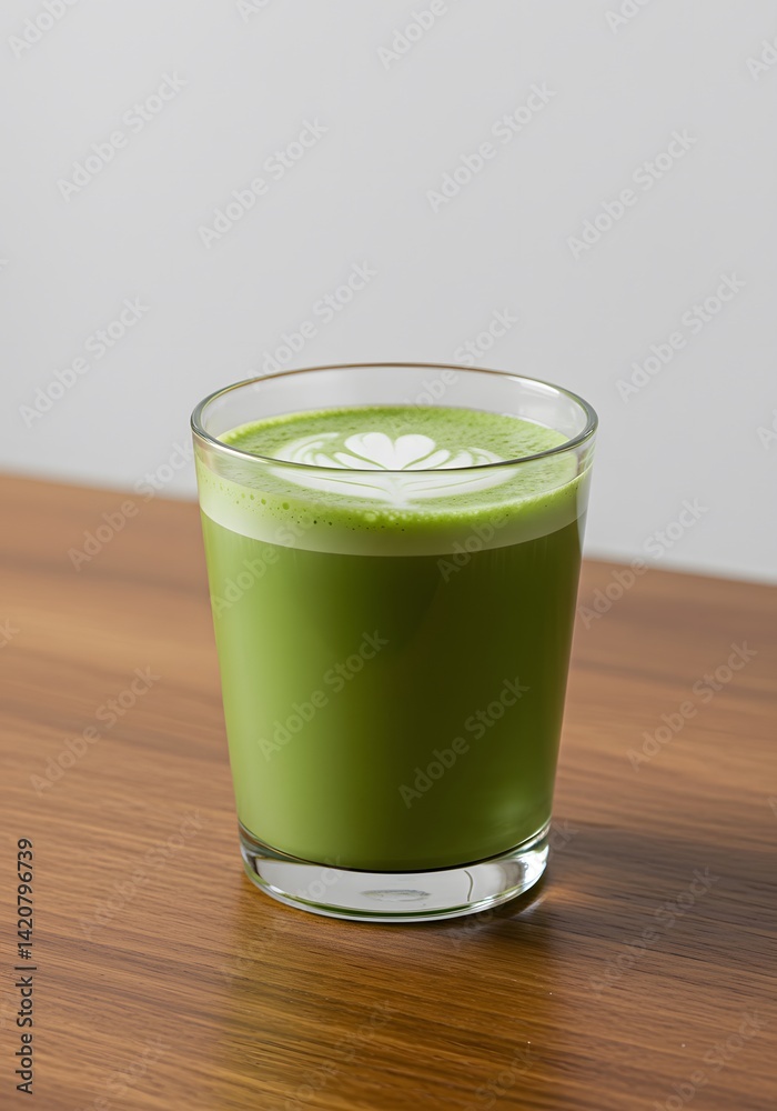 green of a matcha latte in a glass cup stands out against the warm tones of a wooden table, with a white background adding to the clean, fresh look.