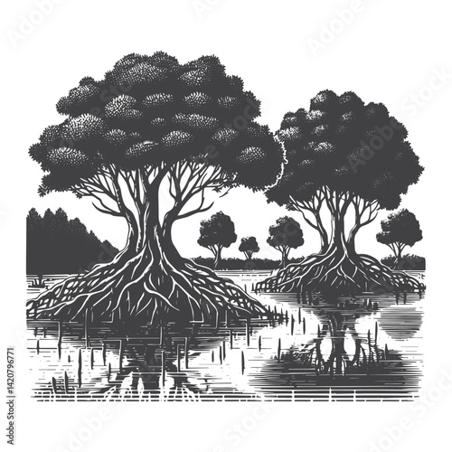 Vintage Hand-Drawn Mangrove Forest with Reflections Illustration – Tropical Landscape Engraved Style Vector for T-Shirts, Posters, Stickers, and Nature Apparel