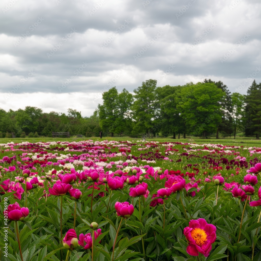 Vibrant peony flowers blooming in a cloudy garden landscape Vibrant peony flowers blooming in a cloudy garden landscape