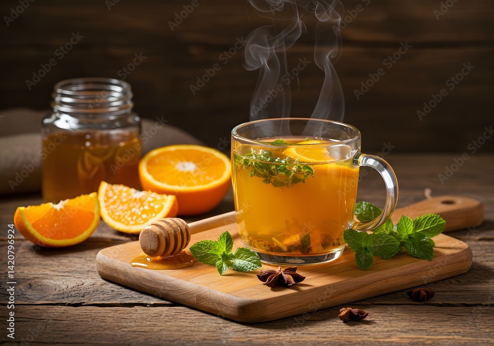Steaming hot turmeric tea in a glass mug sits on a rustic wooden board, paired with honey, fresh mint leaves, and slices of orange, offering a fragrant, herbal drink.