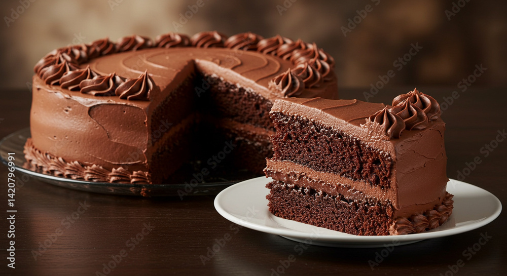Chocolate Layer Cake with Frosting and a Sliced Piece on Plate Chocolate Layer Cake with Frosting and a Sliced Piece on Plate