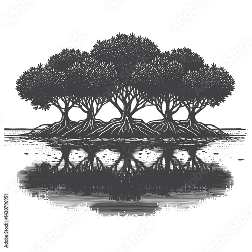 Vintage Hand-Drawn Mangrove Forest with Reflections Illustration – Tropical Landscape Engraved Style Vector for T-Shirts, Posters, Stickers, and Nature Apparel