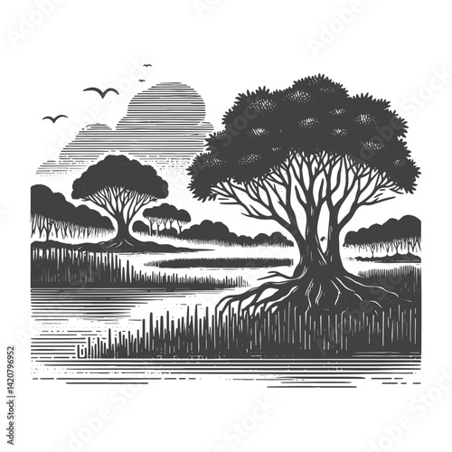 Vintage Hand-Drawn Mangrove Forest with Mist Illustration – Tropical Landscape Engraved Style Vector for T-Shirts, Posters, Stickers, and Nature Apparel