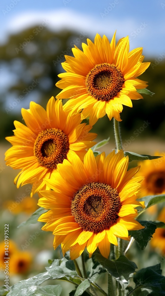 Obraz premium Three vibrant sunflowers in a field under a partly cloudy sky