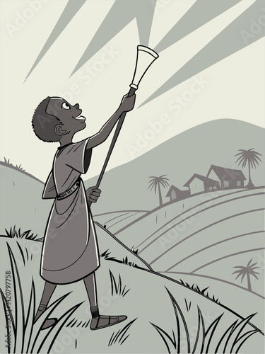 Cartoon Illustration: African Boy Blowing Horn on Hilltop, Rural Village Scene, Black and White Drawing, Traditional Clothing, Communication