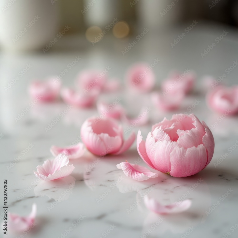 Obraz premium Delicate pink peony flowers scattered on marble surface 