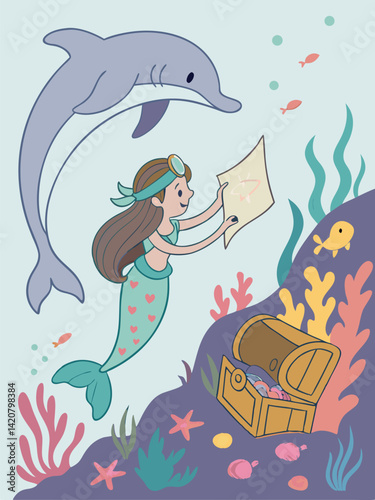 Mermaid Treasure Hunt: Cute Cartoon Illustration of a Mermaid, Dolphin, Treasure Chest, and Map Under the Sea for Kids Art Projects