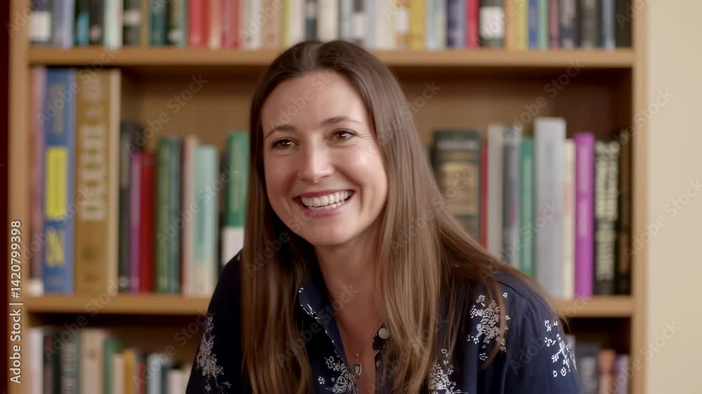 A woman smiles in front of a bookcase full of books. Her demeanor is warm and inviting, and she exudes intelligence and approachability. A woman smiles in front of a bookcase full of books. Her demeanor is warm and inviting, and she exudes intelligence and approachability.