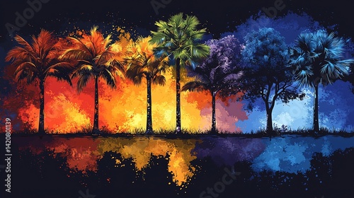 Vibrant colorful trees standing in a line with reflection in the water