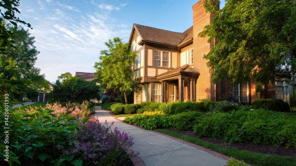 Beautiful suburban house surrounded by vibrant gardens and a clear blue sky at sunset Beautiful suburban house surrounded by vibrant gardens and a clear blue sky at sunset