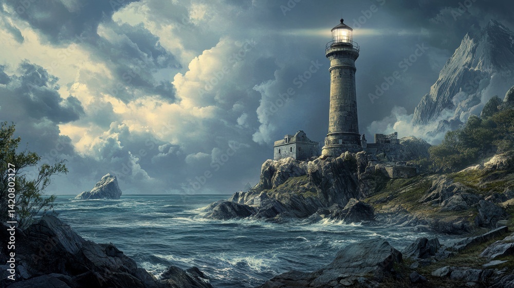 A lone lighthouse stands tall on a rocky coast, its light piercing through stormy skies and turbulent waves. A lone lighthouse stands tall on a rocky coast, its light piercing through stormy skies and turbulent waves.