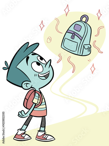 Cartoon Boy Dreaming of New School Backpack: Illustration of Student Anticipating Back to School with Shiny, Light Blue Bag Graphic
