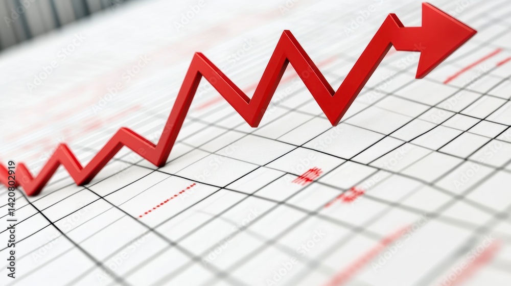 Red arrow pointing upward on a financial graph showing growth and progress. Red arrow pointing upward on a financial graph showing growth and progress.