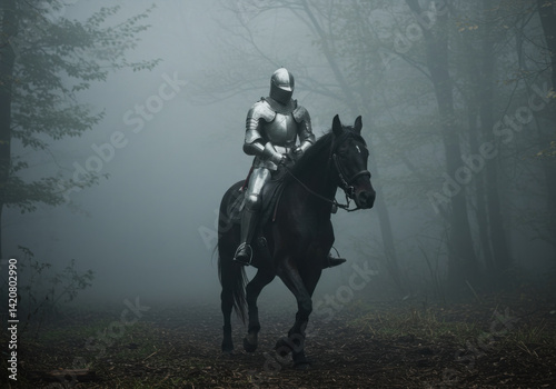 Knight rides horse in foggy forest, sword raised, shield gleaming. Enchanting mist swirls amid ancient trees, creating an aura of mystery and adventure.