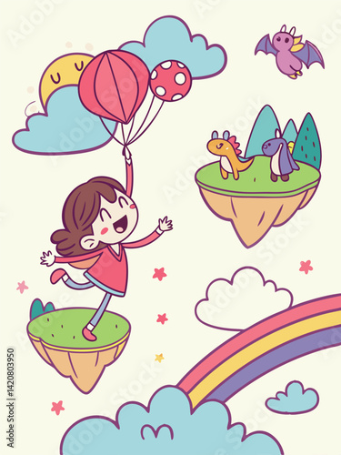 Whimsical Girl Flying with Balloons in Cartoon Fantasy Land: Cute Illustration with Rainbow, Clouds, and Floating Islands Art Print
