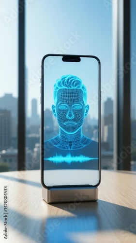 Digital Face Scan Modern Smartphone Cool Blue Light. AI Generated
