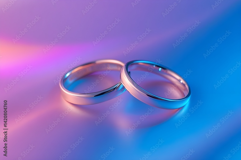 A close-up view shows the delicate engraving of the bride and groom's rings, softly shining on an elegant aqua purple background A close-up view shows the delicate engraving of the bride and groom's rings, softly shining on an elegant aqua purple background