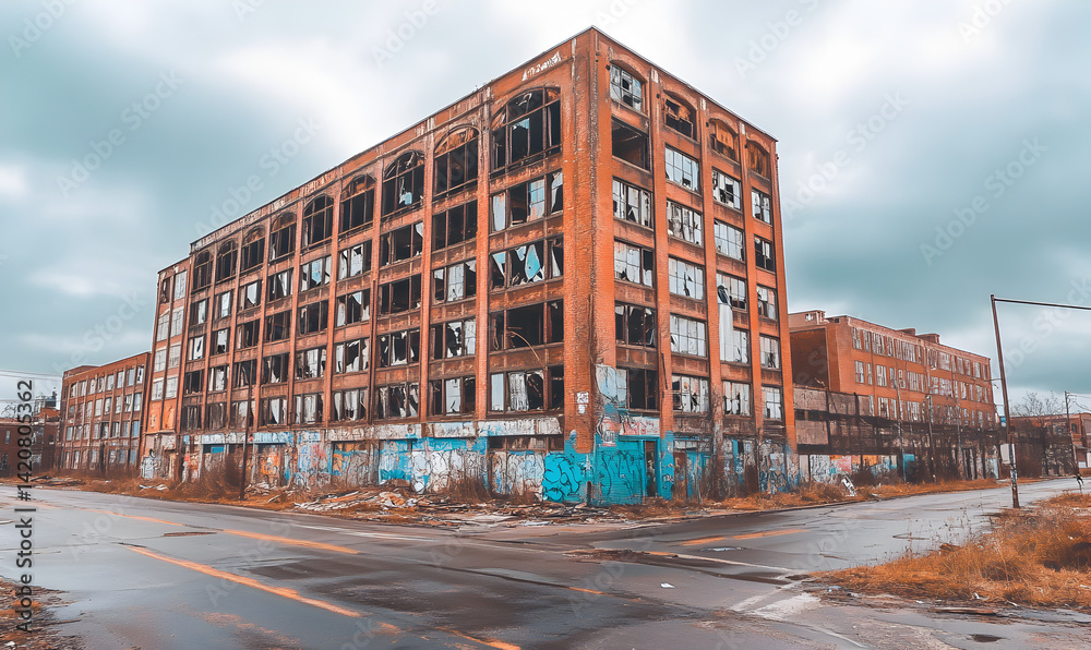 Naklejka premium Abandoned Brick Building Urban Decay Graffiti Cityscape