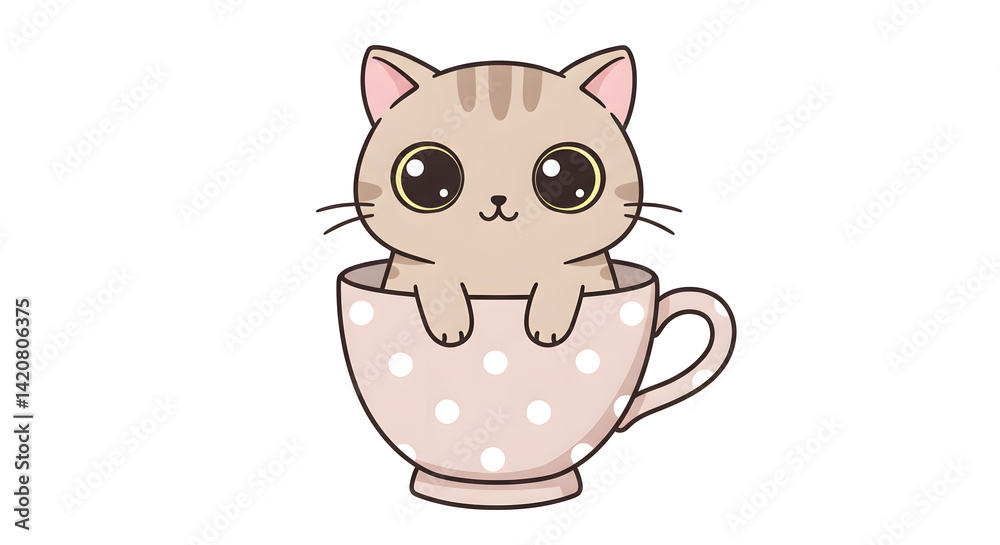 Fototapeta premium Cute cartoon cat with large, round eyes sits inside a pink teacup with polka dots, paws resting on the edge.