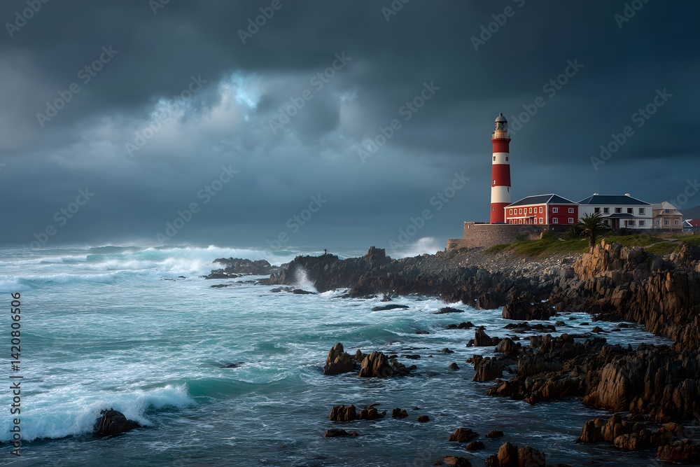 Naklejka premium Majestic Lighthouse on Rocky Coastline Under Dramatic Sky with Waves Crashing Against the Shoreline