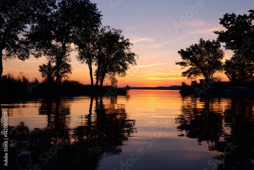 Serene Sunset over Calm Lake with Silhouetted Trees and Colorful Sky Reflections