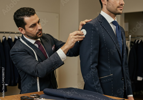 A man in a suit fitting shop, surrounded by racks of shirts and suits, carefully examines his reflection in a full-length mirror, adjusting his tie with a focused expression.