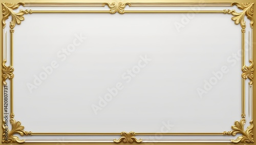 AI Generative. Elegant white background with luxurious gold ornamental borders. Simple gold flourishes in all four corners and along the top and bottom, with a vintage style. 9