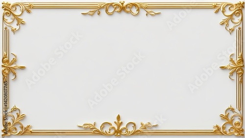 AI Generative. Elegant white background with luxurious gold ornamental borders. Simple gold flourishes in all four corners and along the top and bottom, with a vintage style. 6