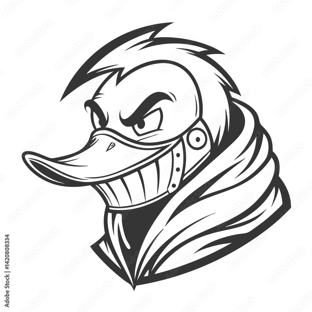 Close-up black and white illustration of a stylized duck head wearing a metal helmet, conveying a fierce and angry expression. Close-up black and white illustration of a stylized duck head wearing a metal helmet, conveying a fierce and angry expression.