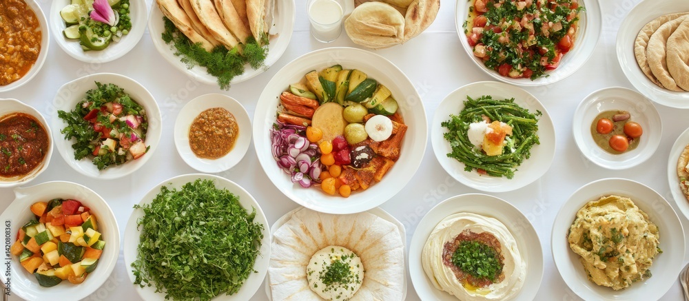 Aerial view of a lavish middle eastern spread adorned with fresh produce and dips Aerial view of a lavish middle eastern spread adorned with fresh produce and dips