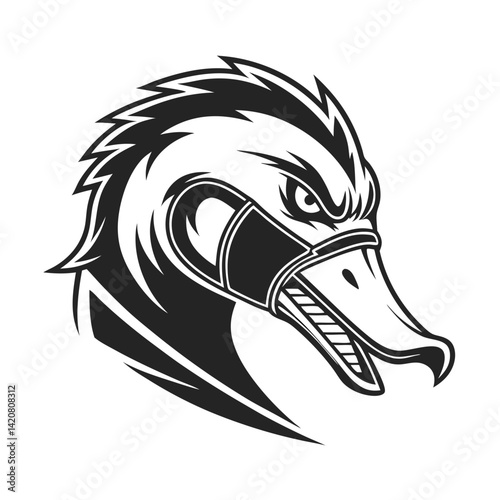 Close-up black and white illustration of a stylized duck head wearing a metal helmet, conveying a fierce and angry expression.