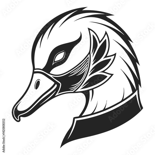Close-up black and white illustration of a stylized duck head wearing a metal helmet, conveying a fierce and angry expression.