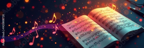 Varied musical notes forming a complex composition on a stand, vocal, symbols, musical