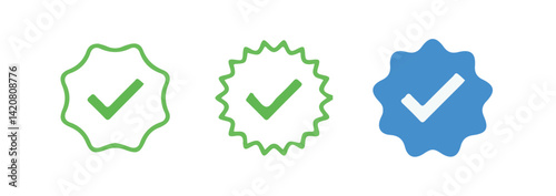 Set of social media verified icons. Tick in circle with zigzag. Instagram check in star. Youtube approval sign.Blue tick verified badge icon. vector illustration eps 10.