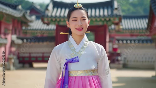 Smiling South Korean woman in traditional Hanbok dress with a beautiful palace backdrop. She is an actress or model.