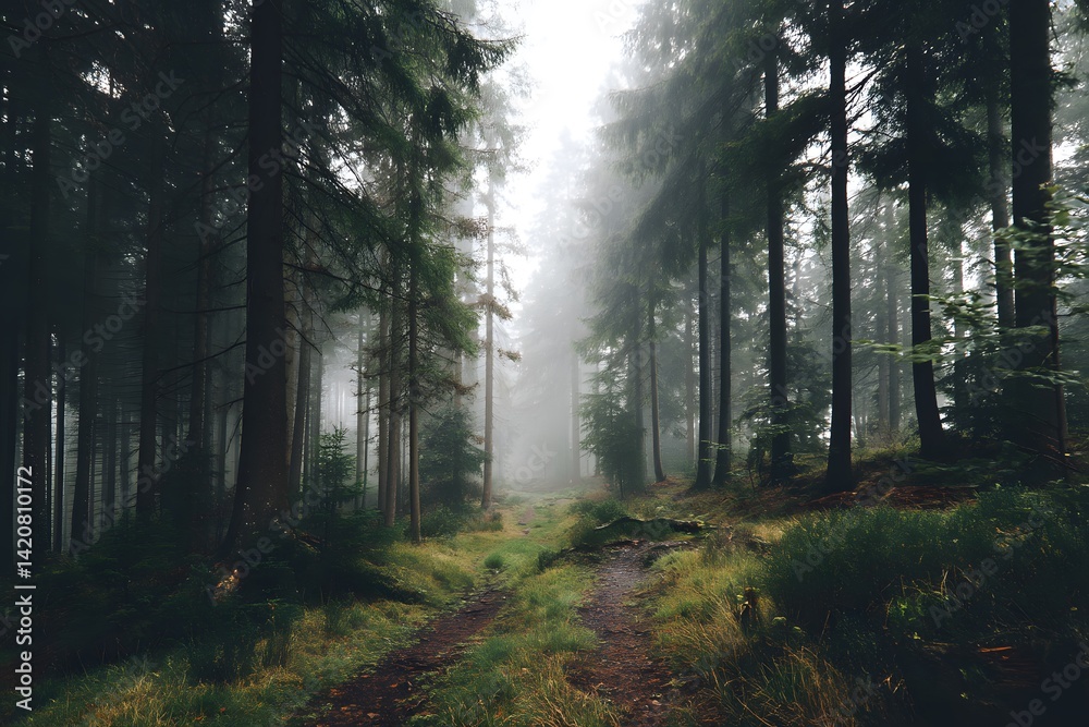 Fototapeta premium Serene Foggy Forest Pathway Surrounded by Tall Trees and Lush Greenery in a Mystical Atmosphere