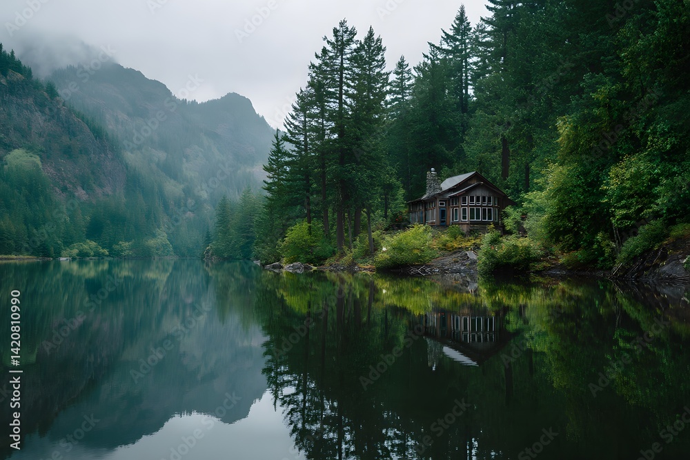 Fototapeta premium Serene Cabin Reflected in the Tranquil Lakeside Surrounded by Majestic Mountains and Tall Pine Trees