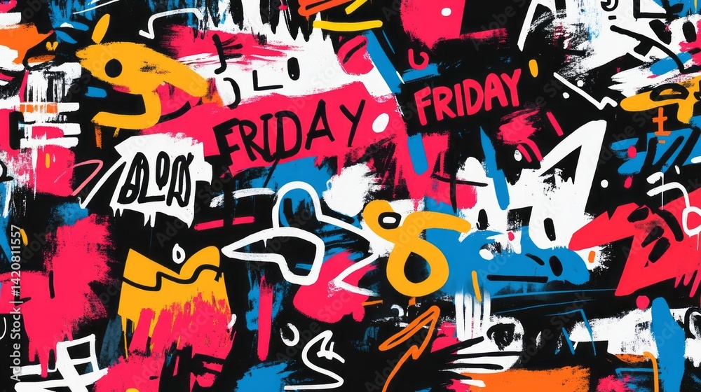 Naklejka premium Abstract colorful graffiti style background with friday and black text