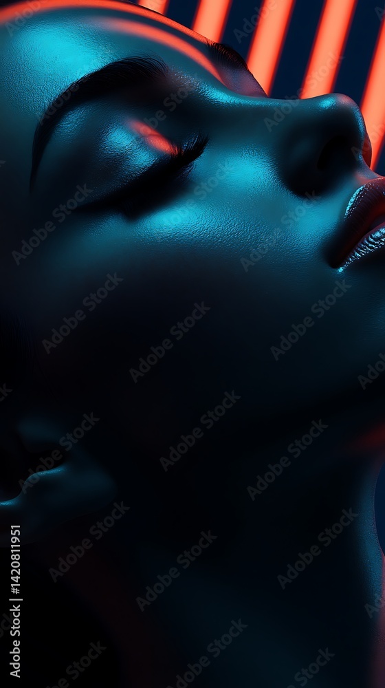 Naklejka premium Close-Up Portrait of a Woman with Neon Lighting and Smooth Skin