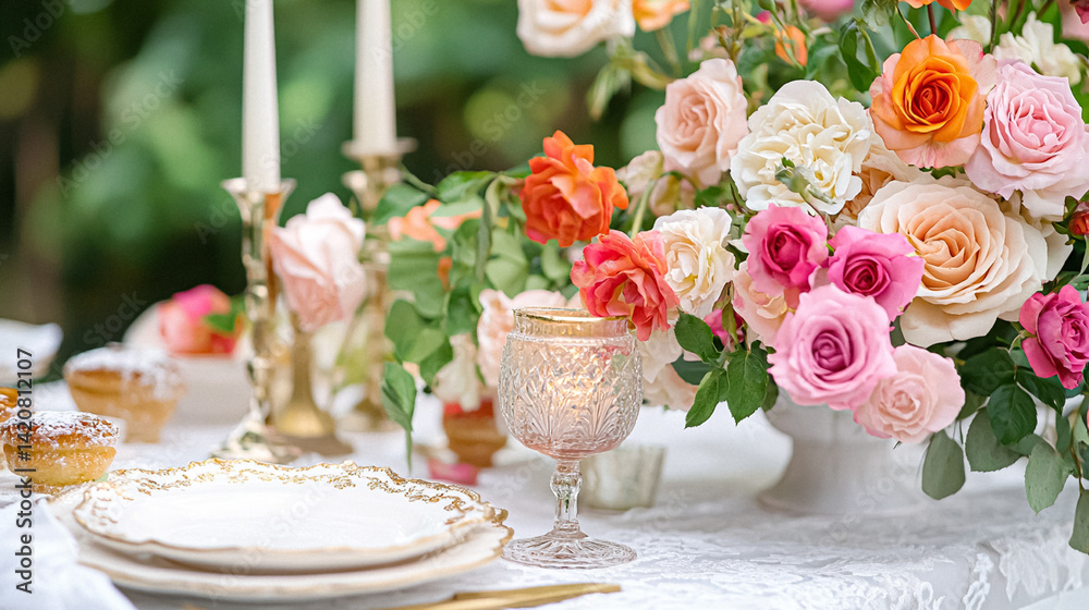 Charming countryside tablescapes adorned with fresh orchard fruits, fine china, and lush florals, arranged for al fresco dining amidst blossoming gardens in beautiful afternoon light Charming countryside tablescapes adorned with fresh orchard fruits, fine china, and lush florals, arranged for al fresco dining amidst blossoming gardens in beautiful afternoon light