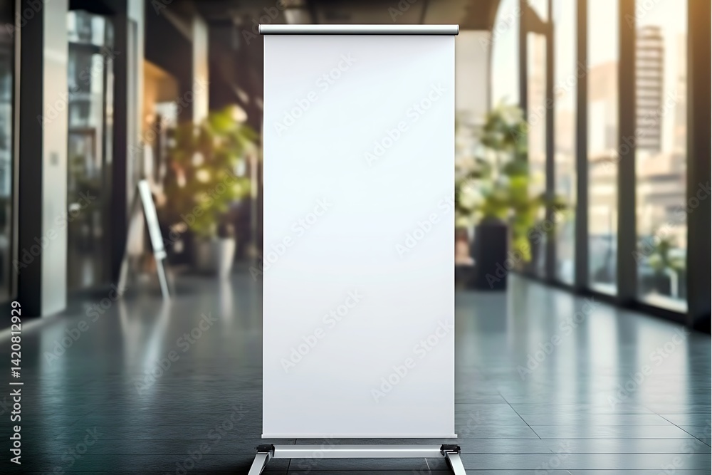 Blank roll up banner design mockup, background blurred public place Blank roll up banner design mockup, background blurred public place