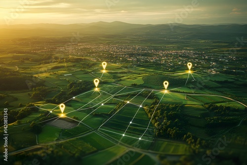 Aerial view of land with network markers representing land development planning and connectivity,


