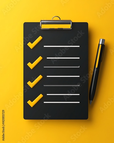 Yellow Background Checklist with Pen and Clipboards for Tasks