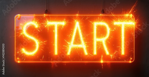 Bright neon sign displays START. Sparks emanate from glowing orange lettering, rectangular frame visible. Dramatic lighting creates intense visual impact.