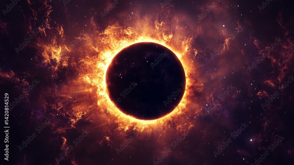 Obraz premium Artistic solar eclipse visualization, glowing amber corona effect, luxurious deep purple cosmos, scattered starlight elements, clean geometric design, premium space illustration, high-end digital