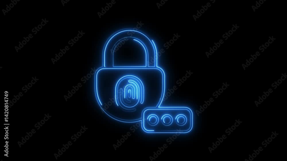 Glowing neon biometric lock icon 4k isolated on black background. HD Video motion graphic animation Glowing neon biometric lock icon 4k isolated on black background. HD Video motion graphic animation