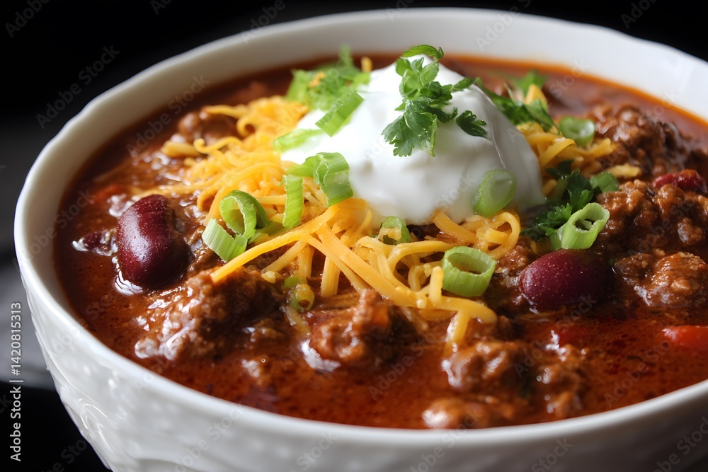 Warm Bowl of Chili with Beans, Beef, and Fresh Toppings for Comforting Meals Warm Bowl of Chili with Beans, Beef, and Fresh Toppings for Comforting Meals